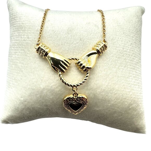 18K Yellow Gold Plated Heart Hands Pendant Necklace Vintage Style - Picture 4 of 8